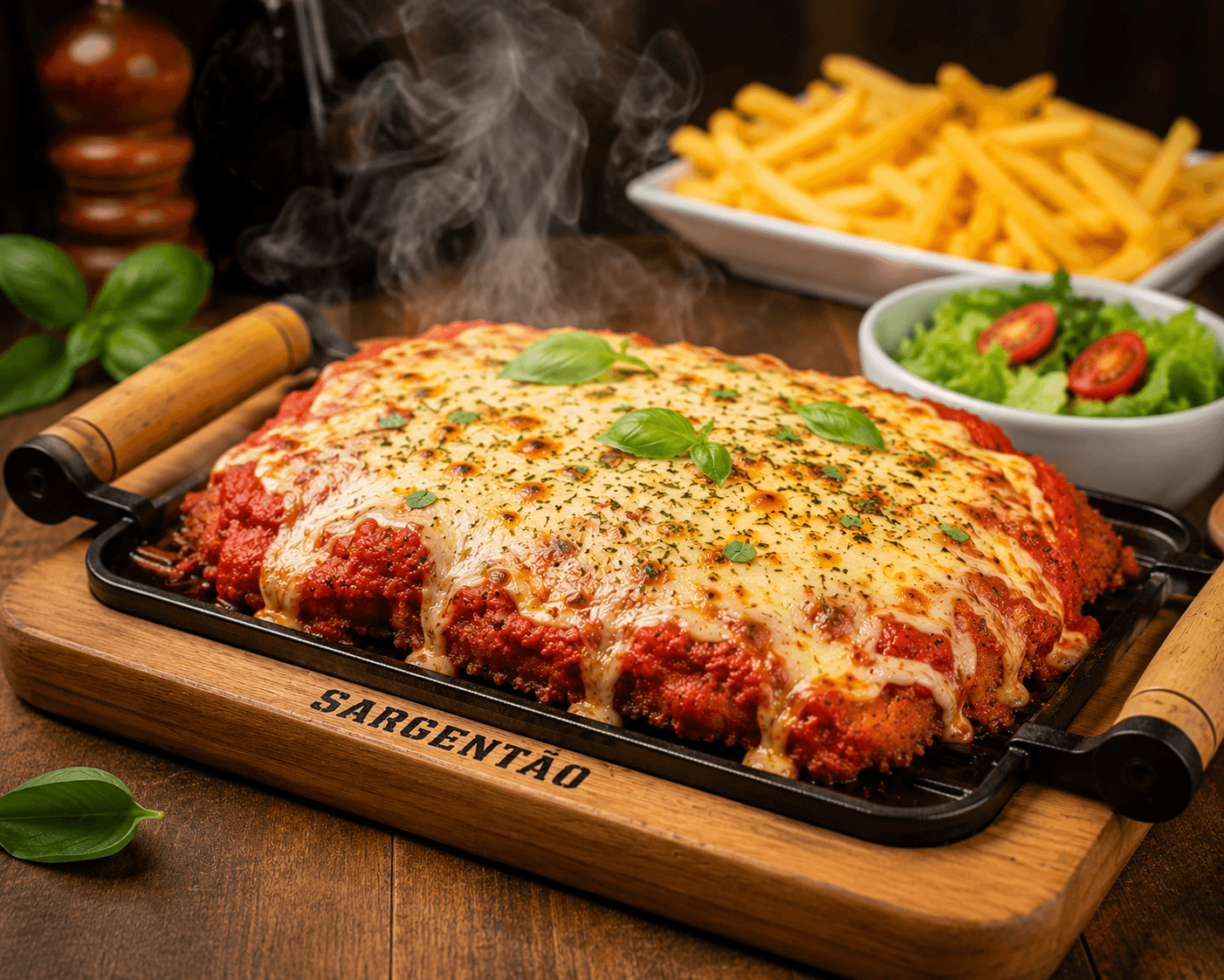 Parmegiana artesanal servida na tábua do Sargentão